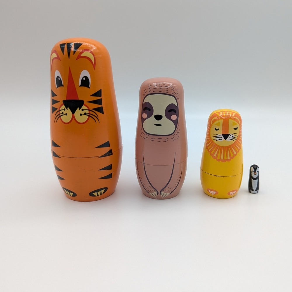 Rinco Wood Nesting Dolls Animal Set Tiger Sloth Lion Penguin 4pc Matryoshka